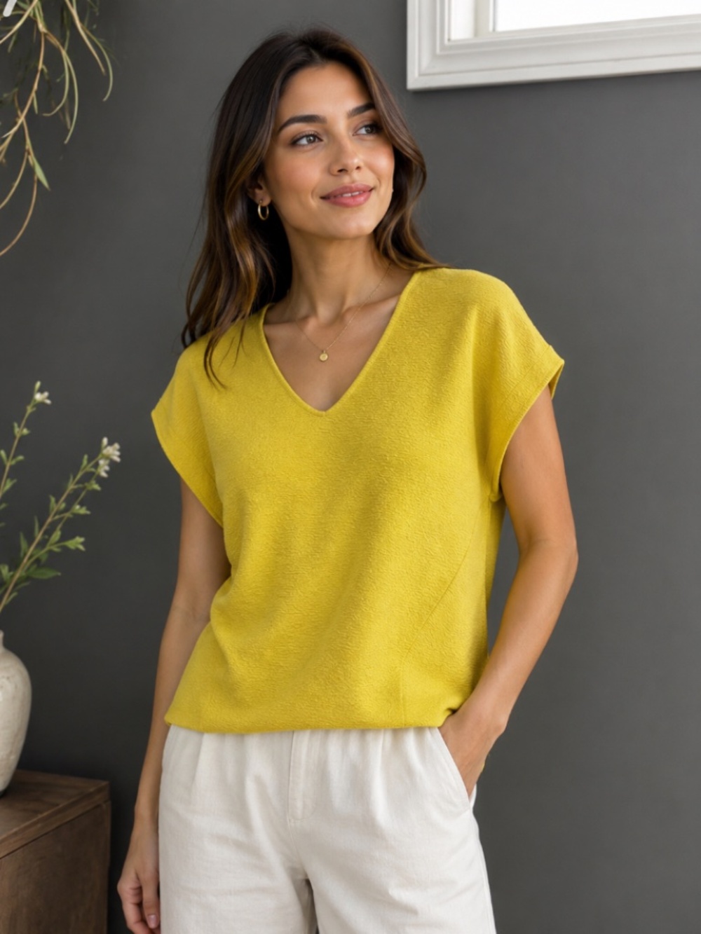 Dex Textured V-Neck Top – XS – Bright Yellow